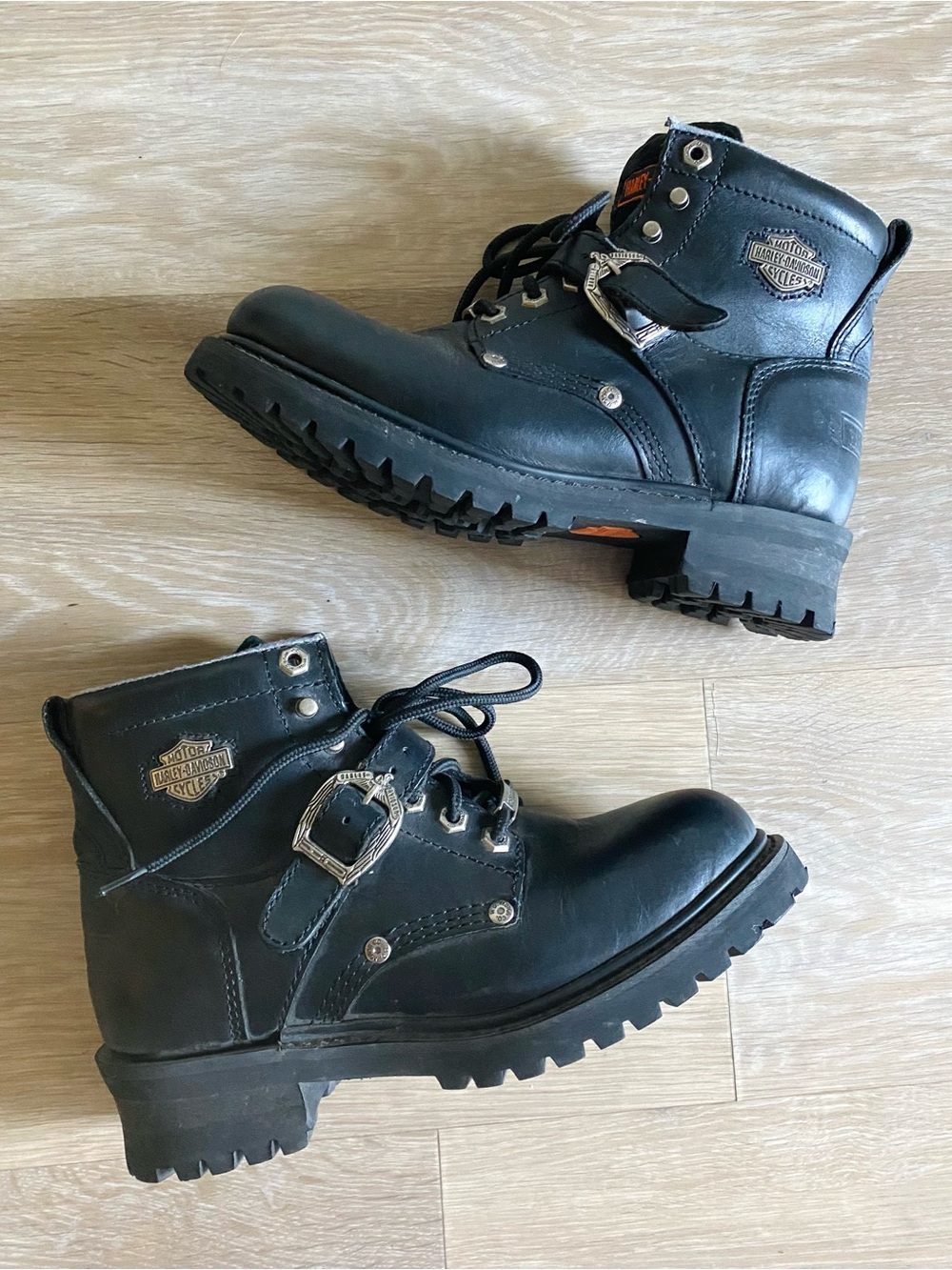 Harley Davidson Chunky Leather Boots Vintage Lug Sole Black Biker Boots 8.5